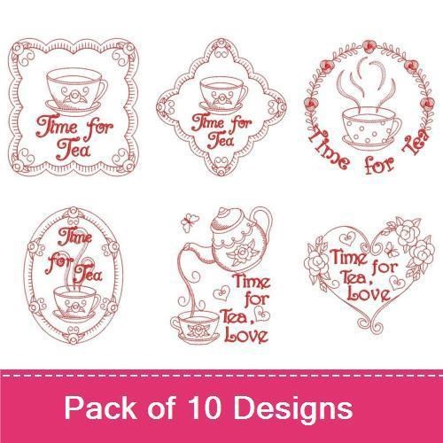 Redwork Tea Embroidery Designs Bundle – Teapot with Cup, Time for Tea Frame, Love for Tea & More (10 Designs)