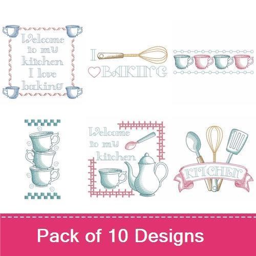Redwork Kitchen Embroidery Designs Bundle – Teapot and Cup, Welcome to My Kitchen, Utensil Print & More (10 Designs)