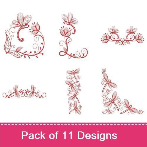Redwork Dragonfly & Floral Embroidery Bundle – Elegant Dragonfly with Flowers, Floral Swirl, & More (11 Designs)