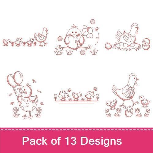 Redwork Chicken Embroidery Bundle – Hen with Chicks, Chick in a Basket, Rooster & More (13 Designs)