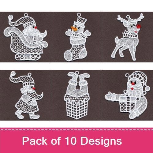 FSL Christmas Lace Ornament Embroidery Designs Bundle – Santa Sleigh, Gingerbread Man, Snowman & More (10 Designs)