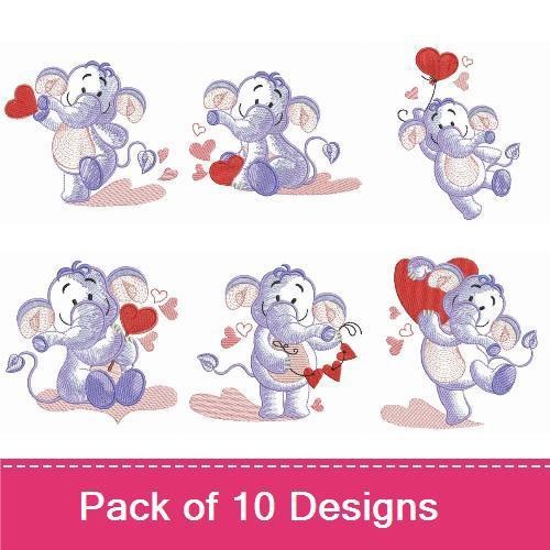 Cute Elephant Embroidery Bundle – Sitting Elephant, Elephant Holding Heart, Elephant in Love & More (10 Designs)