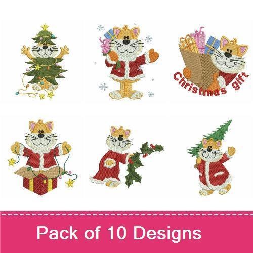 Christmas Cat Embroidery Designs Bundle – Christmas Cat with Gift, Cat in Santa Hat, & More (10 Designs)