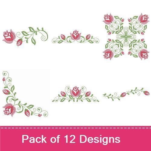 Applique Elegant Rose Embroidery Bundle – Floral Rose Square, Rose Vine Border, Rose Corner Accent & More (12 Designs)