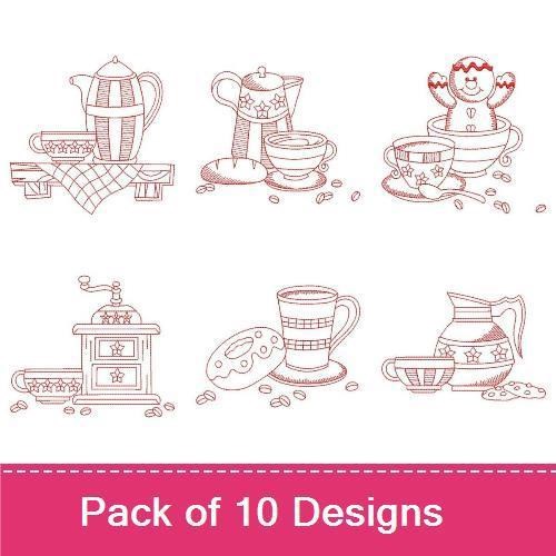 Redwork Coffee and Tea Embroidery Designs Bundle – French Press, Coffee Pot, Tea Kettle & More (10 Designs)