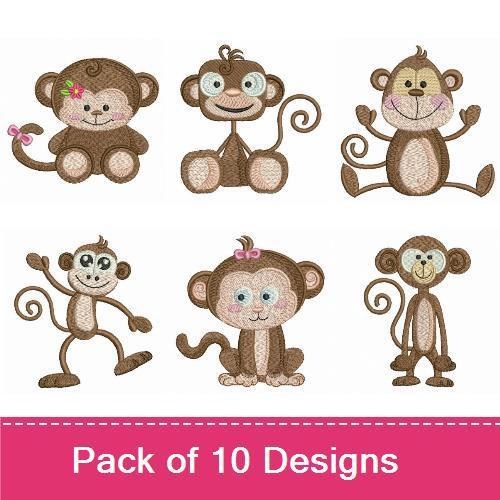 Cheerful Monkeys Embroidery Designs Bundle – Smiling Monkey, Playful Monkey, Monkey with Heart & More (10 Designs)