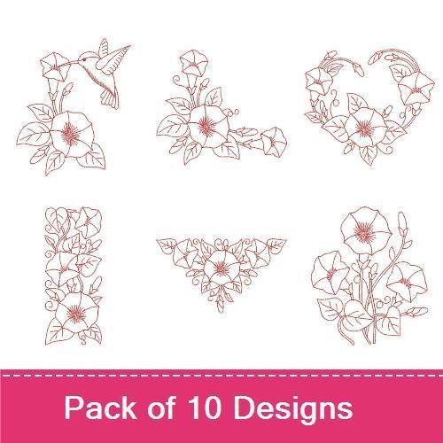 Redwork Morning Glory Embroidery Designs Bundle – Morning Glory Wreath, Hummingbird with Morning Glories & More (10 Designs)