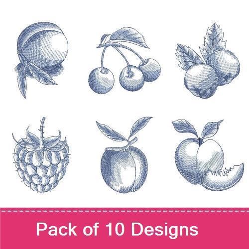 Blue Vintage Fruit Embroidery Designs Bundle – Raspberry, Cherry, Apple & More (10 Designs)