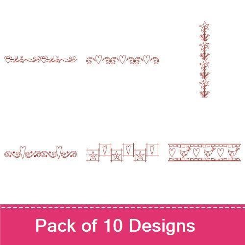 Redwork Hearts & Stars Embellishments Embroidery Designs Bundle – Heart and Star Border, Floral Heart Border & More (10 Designs)