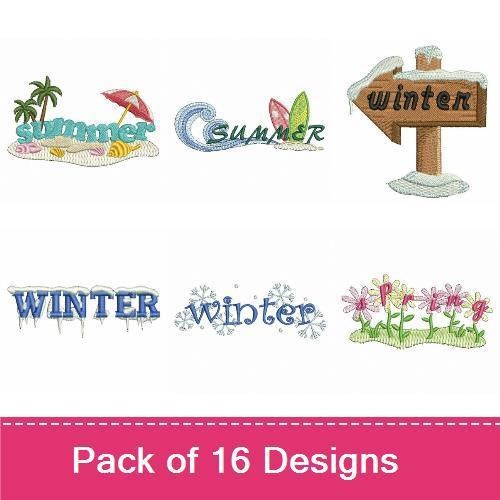 Seasonal Words Embroidery Designs Bundle – Spring, Summer, Autumn, Winter & More (16 Designs)