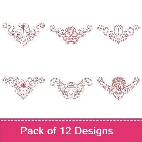 Redwork Floral Embroidery Designs Bundle – Hibiscus Flower, Tulip Floral, Ornate Floral Accent & More (12 Designs)