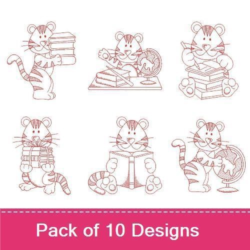 Redwork Cute Tiger School Embroidery Bundle – Tiger with Books, Tiger Holding Globe, Tiger with Backpack & More (10 Designs)