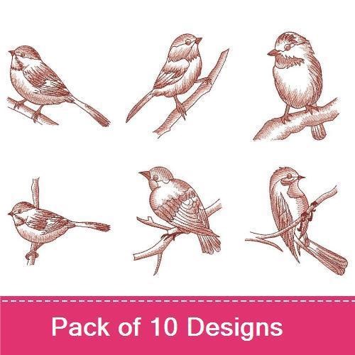 Redwork Charming Birds Embroidery Bundle – Sparrow, Chickadee, Songbird & More (10 Designs)