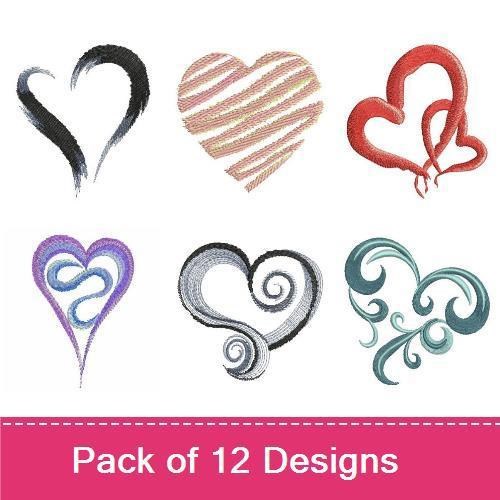 Whimsical Heart Embroidery Designs Bundle – Red Heart with Thread, Twin Hearts, Black Heart & More (12 Designs)