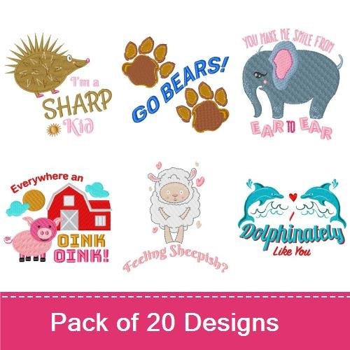 Cute Animal Embroidery Bundle – Embrace the Day, Go Bears, Oink Oink & More (20 Designs)