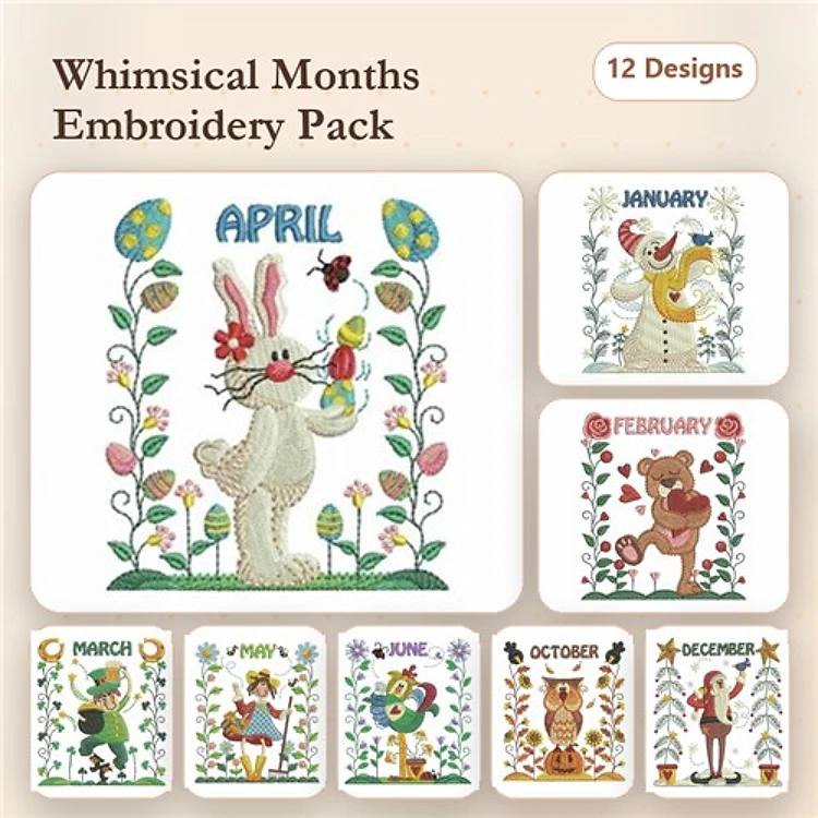 Whimsical Months of the Year Embroidery Bundle – April Bunny, January Bear, February Dog & More (12 Designs)