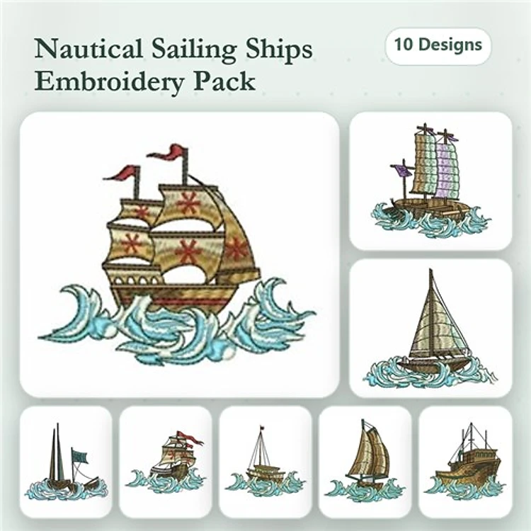 Nautical Sailing Ships Embroidery Designs Bundle – Tall Ship on Waves, Sailing Ship with Red Flags & More (10 Designs)