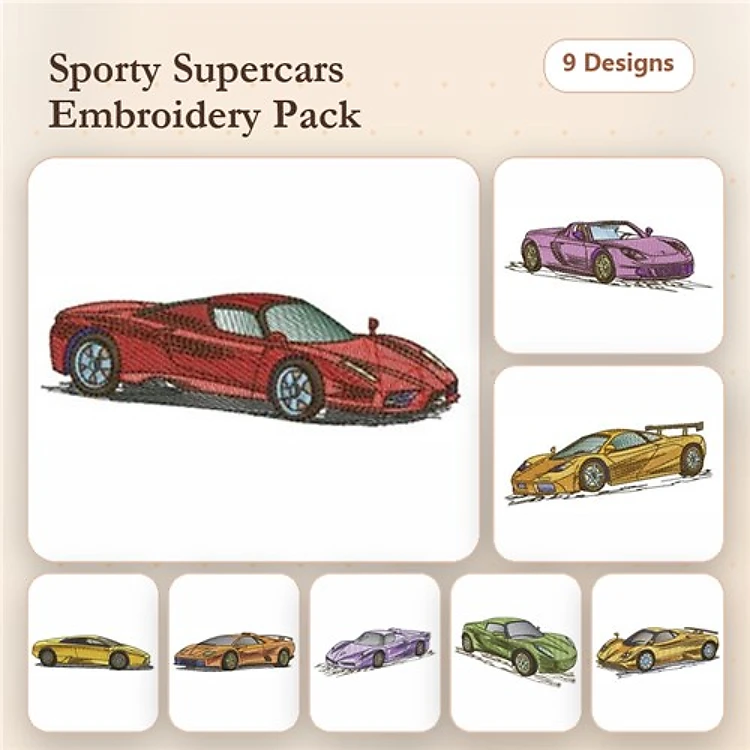 Sporty Supercars Embroidery Bundle – Red Sportscar, Purple Sportscar, Yellow Sportscar & More (9 Designs)