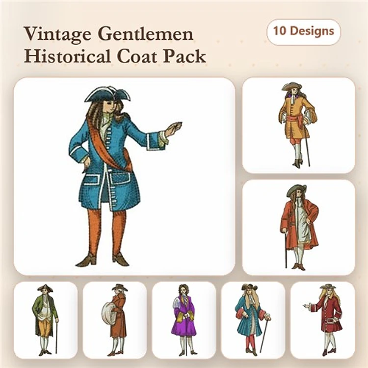 Gentlemen Embroidery Designs Bundle – Blue Coat, Orange Coat, Walking Stick & More (10 Designs)