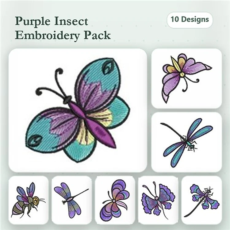 Purple Insects Embroidery Designs Bundle – Purple Butterfly, Pink Butterfly, Purple Dragonfly & More (10 Designs)