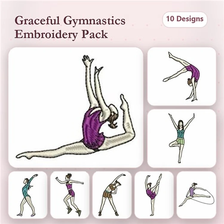 Gymnastics Poses Embroidery Designs Bundle – Gymnast in Split, Gymnast with Arms Raised, & More (10 Designs)