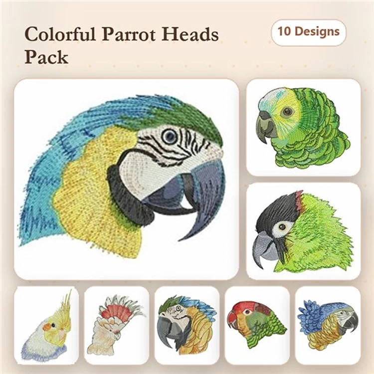 Colorful Parrot Heads Embroidery Bundle – Macaw, Cockatoo, African Grey & More (10 Designs)