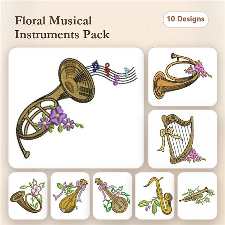 Floral Musical Instruments Embroidery Designs Bundle – French Horn with Flowers, Trombone with Flowers, Harp with Flowers & More (10 Designs)