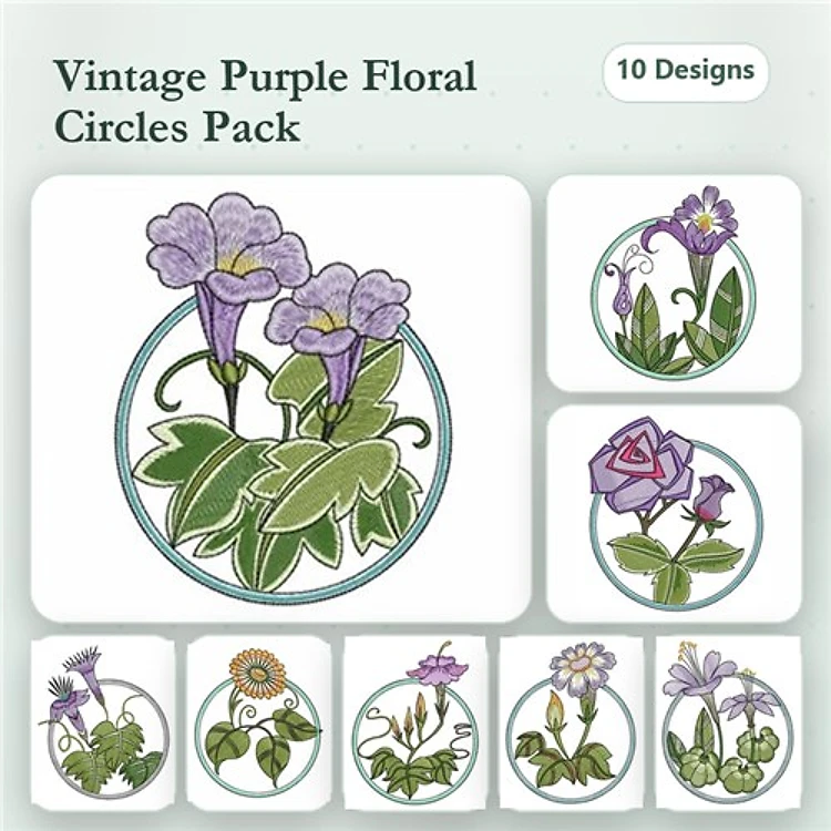 Floral Embroidery Designs Bundle – Purple Floral Circles, Rose in Circle, Violet in Circle & More (10 Designs)