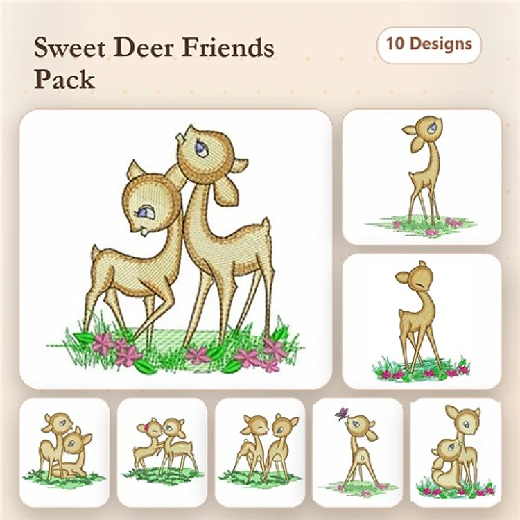 Deer Friends Embroidery Bundle – Deer Family with Flowers, Pair of Deer, Single Standing Deer & More (10 Designs)