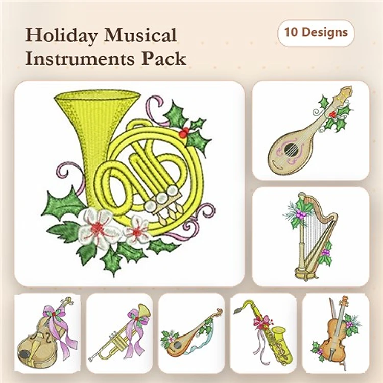 Holiday Musical Instruments Embroidery Designs Bundle – French Horn, Mandolin, Harp & More (10 Designs)