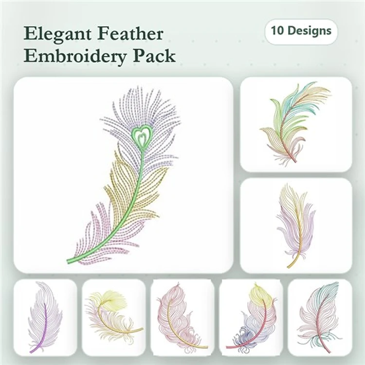 Rippled Elegant Feather Embroidery Bundle – Peacock Feather, Curved Feather, Floral Design Feather & More (10 Designs)