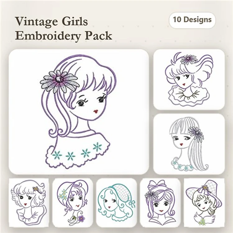 Redwork Vintage Girl Portraits Embroidery Designs Bundle – Girl with Flower, Girl with Bow, Girl with Hat & More (10 Designs)