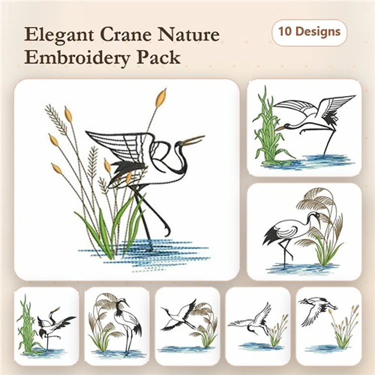 Elegant Crane Embroidery Designs Bundle – Crane among Reeds, Crane in Water, Flying Crane & More (10 Designs)