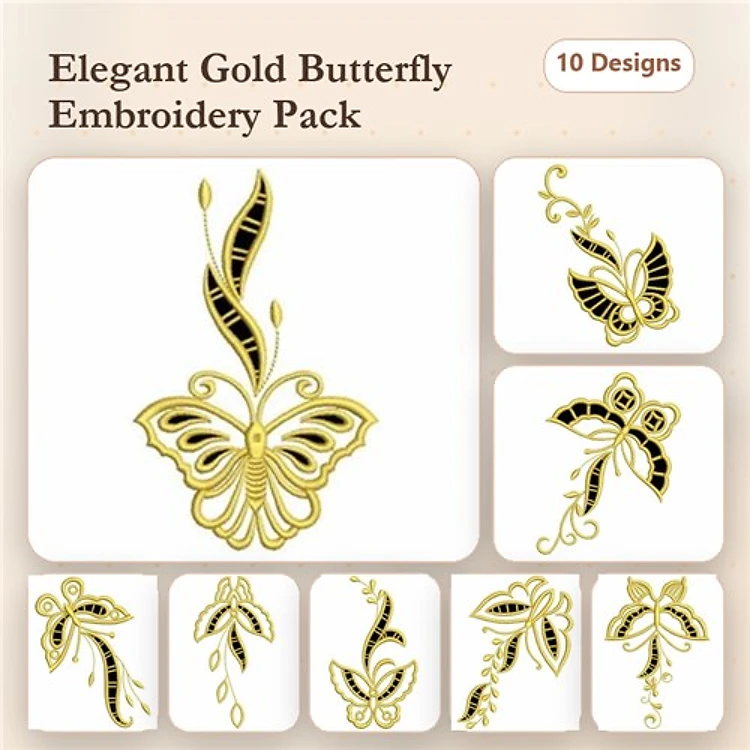 Elegant Gold Butterflies Embroidery Bundle – Butterflies with Swirls, Flourish, Flowers & More (10 Designs)