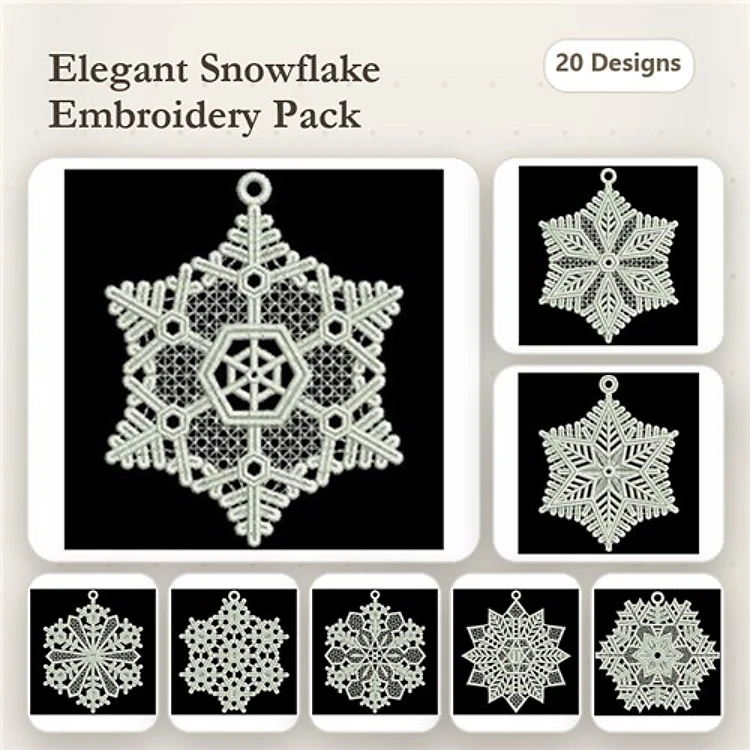 FSL Elegant Snowflake Embroidery Designs Bundle – Intricate Lace Snowflakes & More (20 Designs)