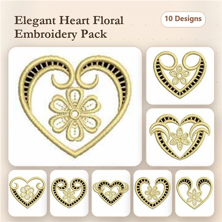 Floral Heart Embroidery Designs Bundle – Elegant Heart with Flower, Curled Floral Heart, Swirl Heart & More (10 Designs)