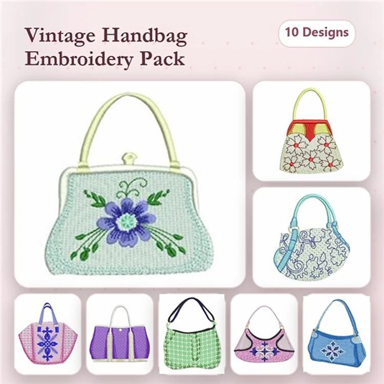 Vintage Handbag Embroidery Designs Bundle – Handbag with Flower, Red Handbag with Flowers, Blue Handbag with Patterns & More (10 Designs)