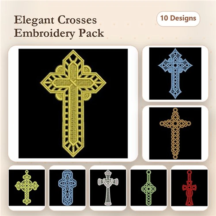 FSL Elegant Lace Cross Embroidery Designs Bundle – Lace Cross Gold, Lace Cross Blue, Lace Cross Green & More (10 Designs)