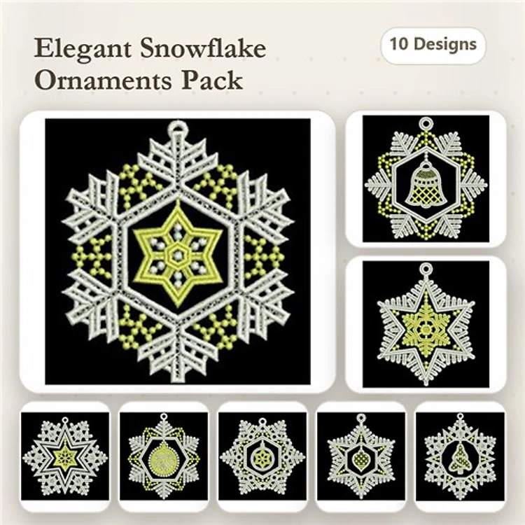 FSL Snowflake Ornaments Embroidery Designs Bundle – Snowflake with Bell, Star Snowflake, Ornate Snowflake & More (10 Designs)
