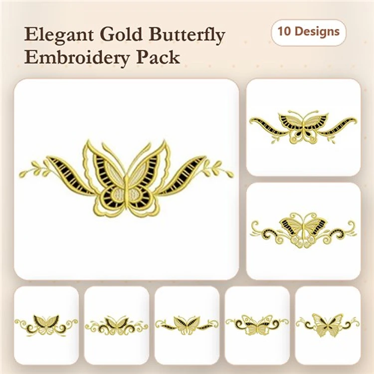 Elegant Gold Butterflies Embroidery Designs Bundle – Ornate Butterfly 1, Gold Butterfly with Floral Elements & More (10 Designs)