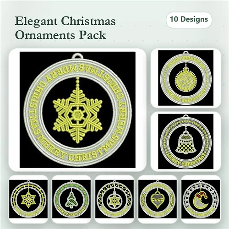 FSL Christmas Ornament Embroidery Designs Bundle – Snowflake, Bell, Holly & More (10 Designs)