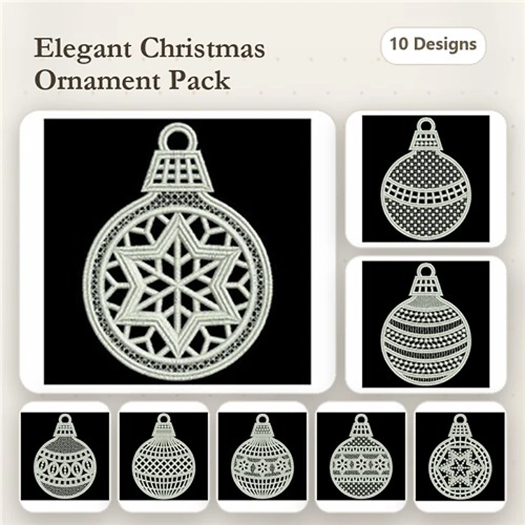 FSL Christmas Ornament Embroidery Designs Bundle – Star Ornament, Decorative Ball Ornament, Striped Ornament & More (10 Designs)