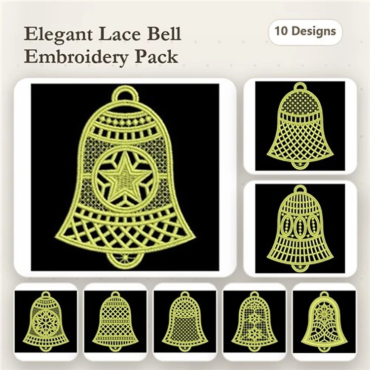 FSL Elegant Lace Bells Embroidery Bundle – Lace Bell with Star, Snowflakes, Floral Design & More (10 Designs)
