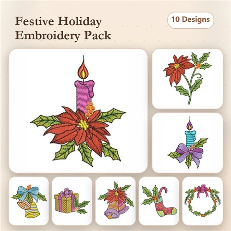 Festive Holiday Designs Embroidery Bundle – Candle with Poinsettia, Gift Box, Christmas Wreath & More (10 Designs)