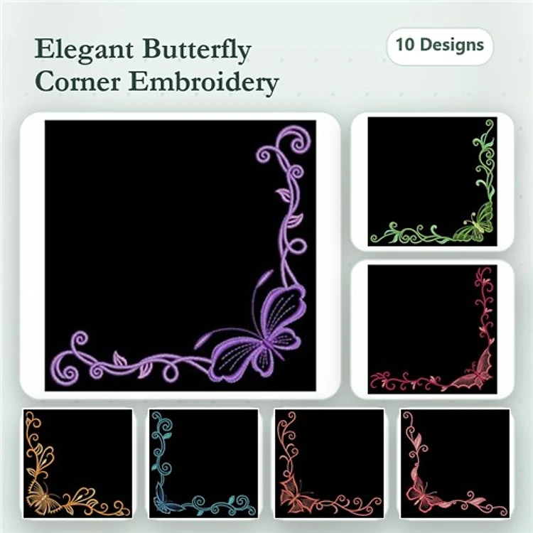 Elegant Butterfly Corner Embroidery Bundle – Butterfly Corner Pink, Green, Red, Blue & More (10 Designs)