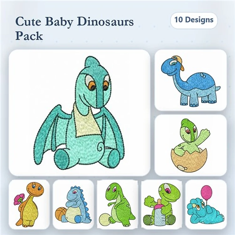 Cute Baby Dinosaurs Embroidery Designs Bundle – Flying Baby Dinosaur, Baby Brontosaurus, Hatching Dinosaur & More (10 Designs)