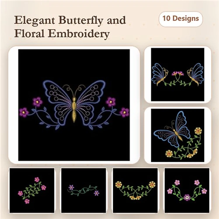 Butterflies & Flowers Embroidery Designs Bundle – Elegant Butterfly with Flowers, Butterfly with Floral Accents & More (10 Designs)