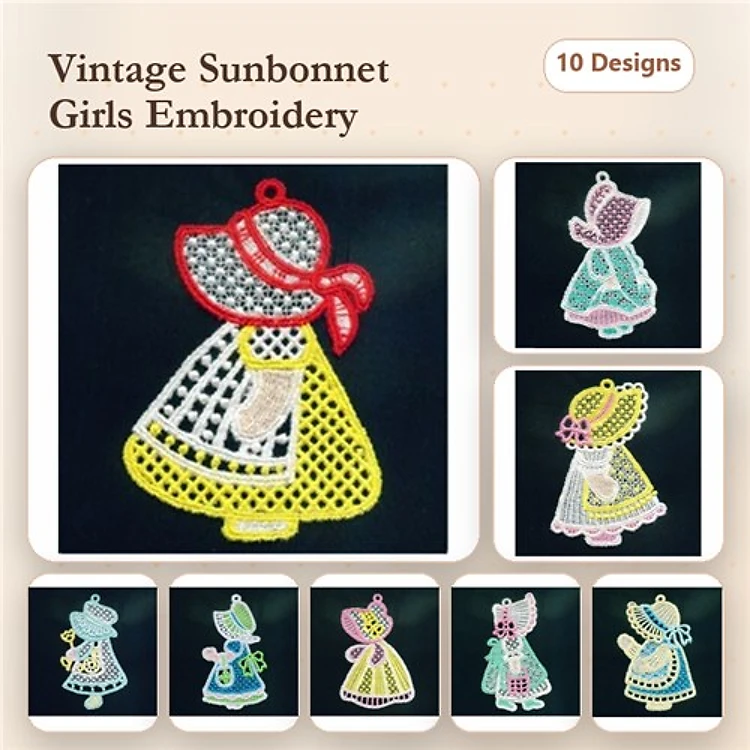FSL Vintage Sunbonnet Girls Embroidery Designs Bundle – Red Hat, Pink Hat, Blue Dress & More (10 Designs)