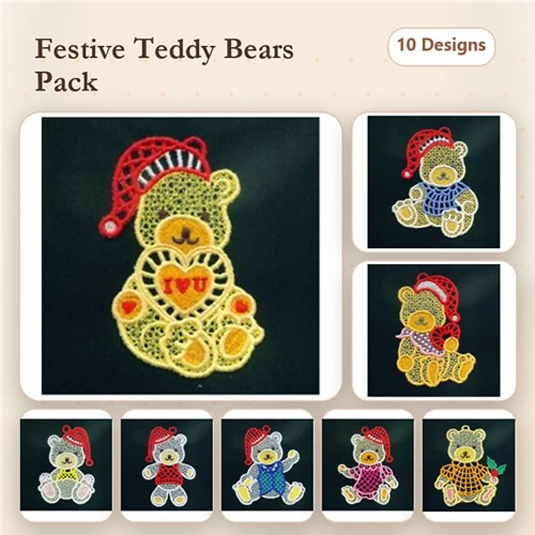 FSL Festive Teddy Bears Embroidery Bundle – Teddy Bear with Heart, Teddy Bear in Red Hat & More (10 Designs)