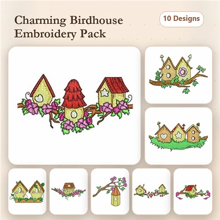 Charming Birdhouses Embroidery Bundle – Birdhouse with Flowers, Red Roof Birdhouse, Nest with Eggs & More (10 Designs)